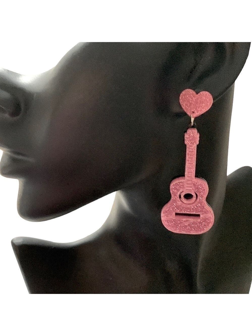 PINK Acrylic Guitar Pierced Bling Earrings - Picture 2 of 4
